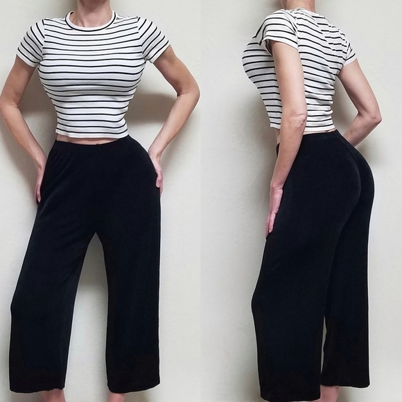 Vintage 80s Softwear Mark Singer Black Slinky Crepe High Rise Palazzo Pants L - Picture 1 of 11